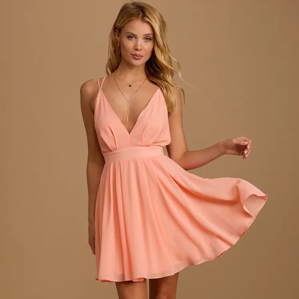 Save Me a Dance Coral Pink Pleated V-Neck Skater Dress (worn once)(size small)